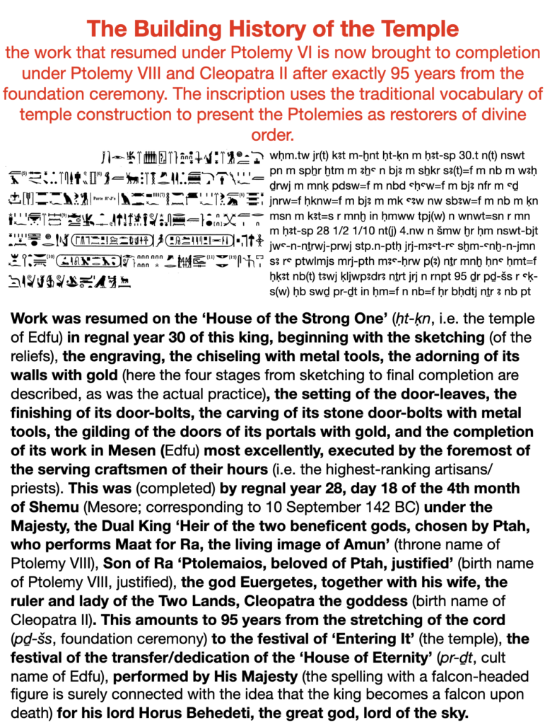 The building history of the temple - the work that resumed under Ptolemy VI is now brought to completion under Ptolemy VIII and Cleopatra II, after exactly 95 years from the foundation ceremony. The inscription uses the traditional vocabulary of temple construction to present the Ptolemies as restorers of divine order.