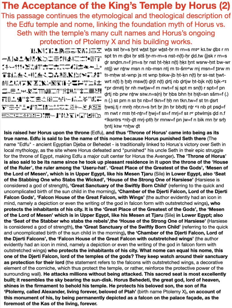 The acceptance of the king's temple by Horus (2). This passage continues the etymological and theological description of the Edfu temple and nome, linking the foundation myth of Horus vs. Seth with the temple's many cult names and Horus's ongoing protection of Ptolemy X and his building works.