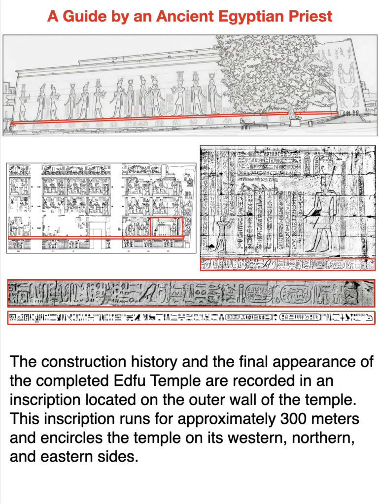The construction history and the final appearance of the completed Edfu Temple are recorded in an inscription located on the outer wall of the temple. This inscription runs for approximately 300 meters and encircles the temple on its western, northern, and eastern sides.