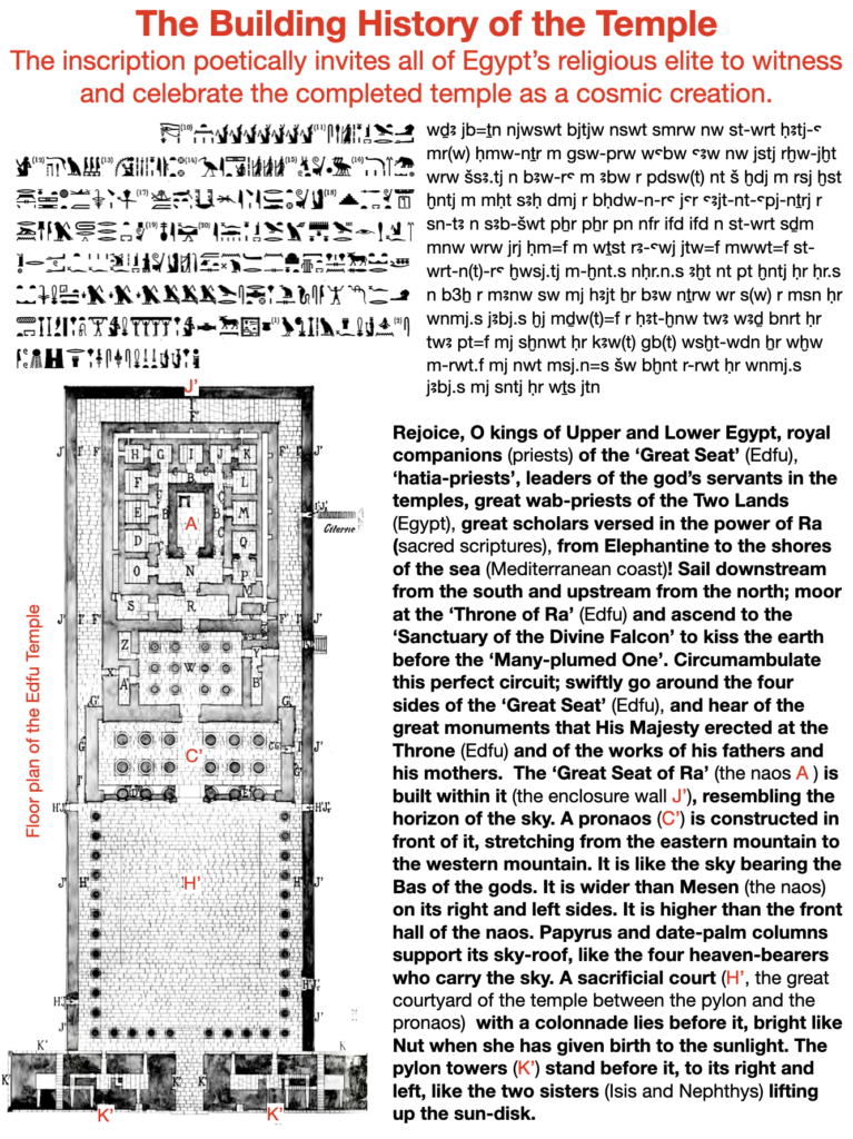 The building history of the temple. The inscription poetically invites all of Egypt's religious elite to witness and celebrate the completed temple as a cosmic creation.