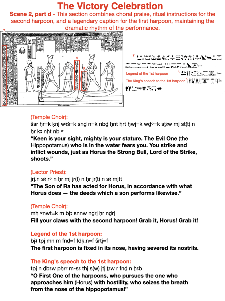 The victory celebration. Scene 2, part d - This section combines choral praise, ritual instructions for the second harpoon, and a legendary caption for the first harpoon, maintaining the dramatic rhythm of the performance.
