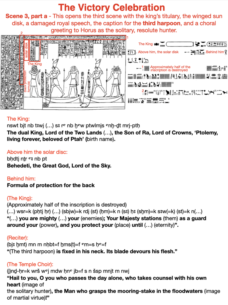 The victory celebration. Scene 3, part a - This opens the third scene with the king's titulary, the winged sun disk, a damaged royal speech, the caption for the third harpoon, and a choral greeting to Horus as the solitary, resolute hunter.