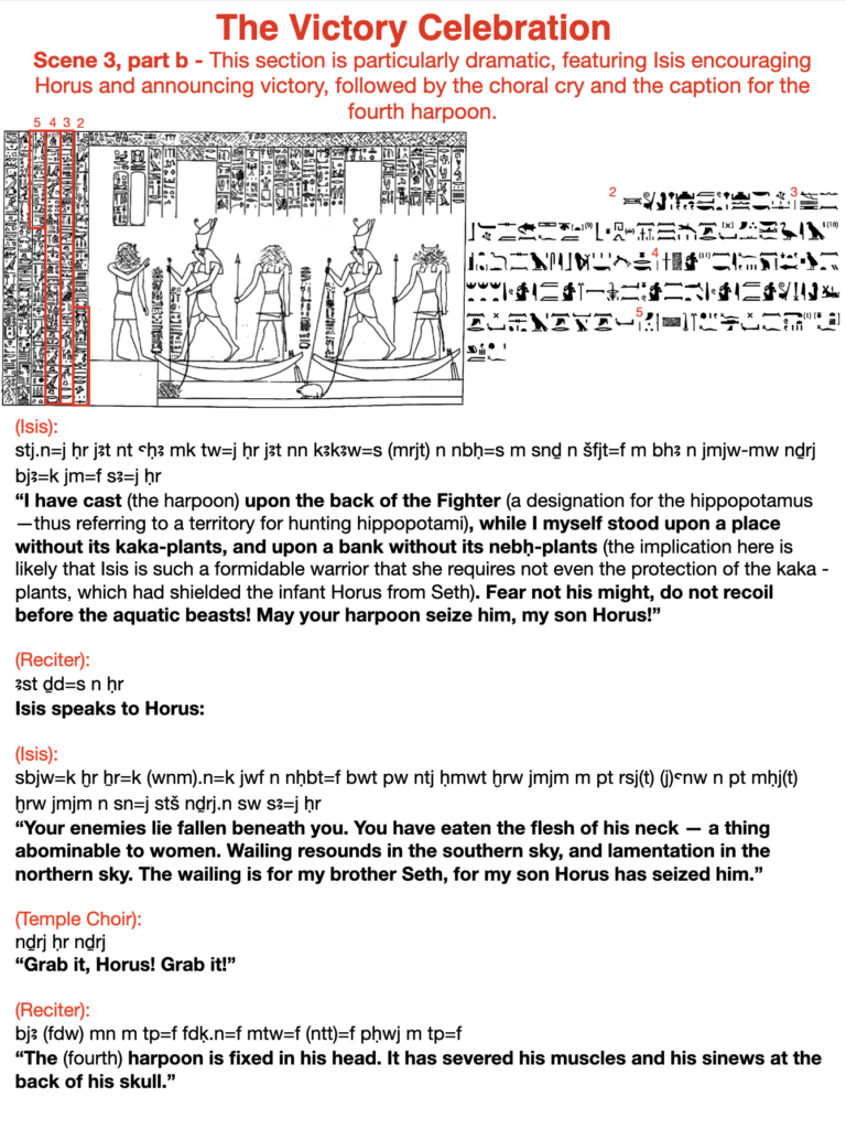 The victory celebration. Scene 3, part b - This section is particularly dramatic, featuring Isis encouraging Horus and announcing victory, followed by the choral cry and the caption for the fourth harpoon.