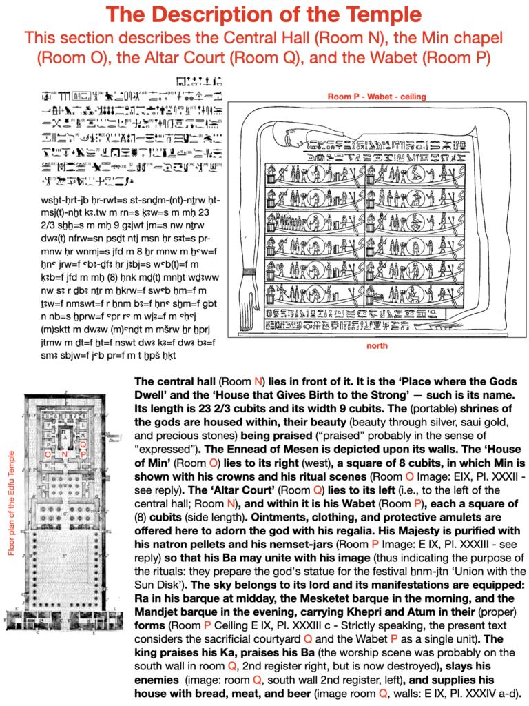 The description of the temple. This section describes the Central Hall (Room N), the Min Chapel (Room O), the Altar Court (Room Q), and the Wabet (Room P).