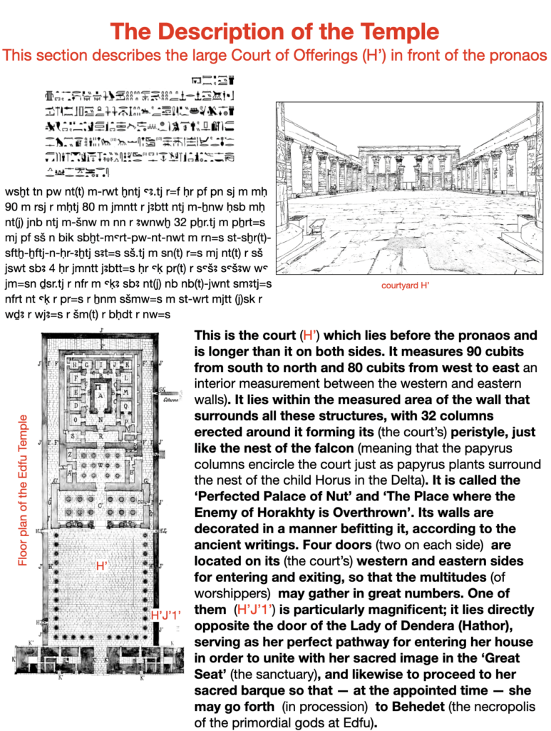 The description of the temple. This section describes the large Court of Offerings (H') in front of the pronaos.