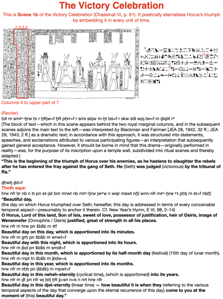 This is scene 1b of the Victory Celebration (Chassinat VI, p. 61). It poetically eternalises Horus's triumph by embedding it in every unit of time.