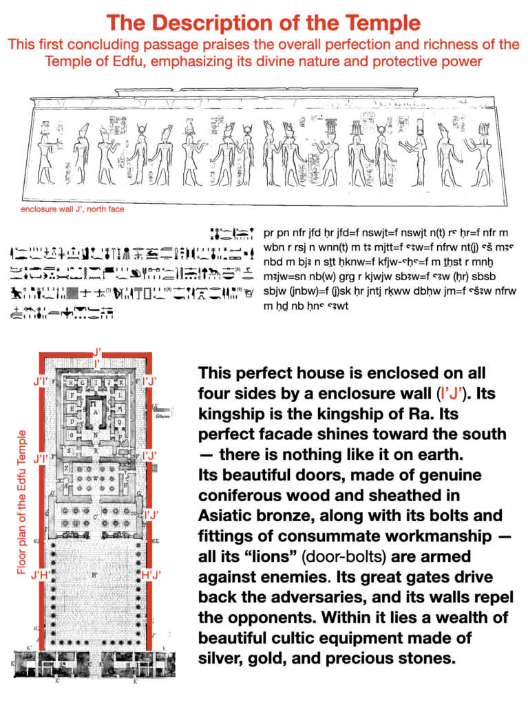 The description of the temple. This first concluding passage praises the overall perfection and richness of the Temple of Edfu, emphasizing its divine nature and protective power.