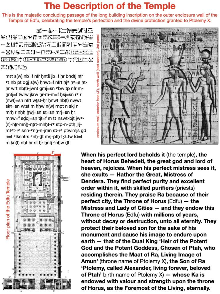 The description of the temple. This is the majestic conclucing passage of the long building inscription on the outer enclosure wall of the Temple of Edfu, celebrating the temple's perfection and the divine protection granted to Ptolemy X.