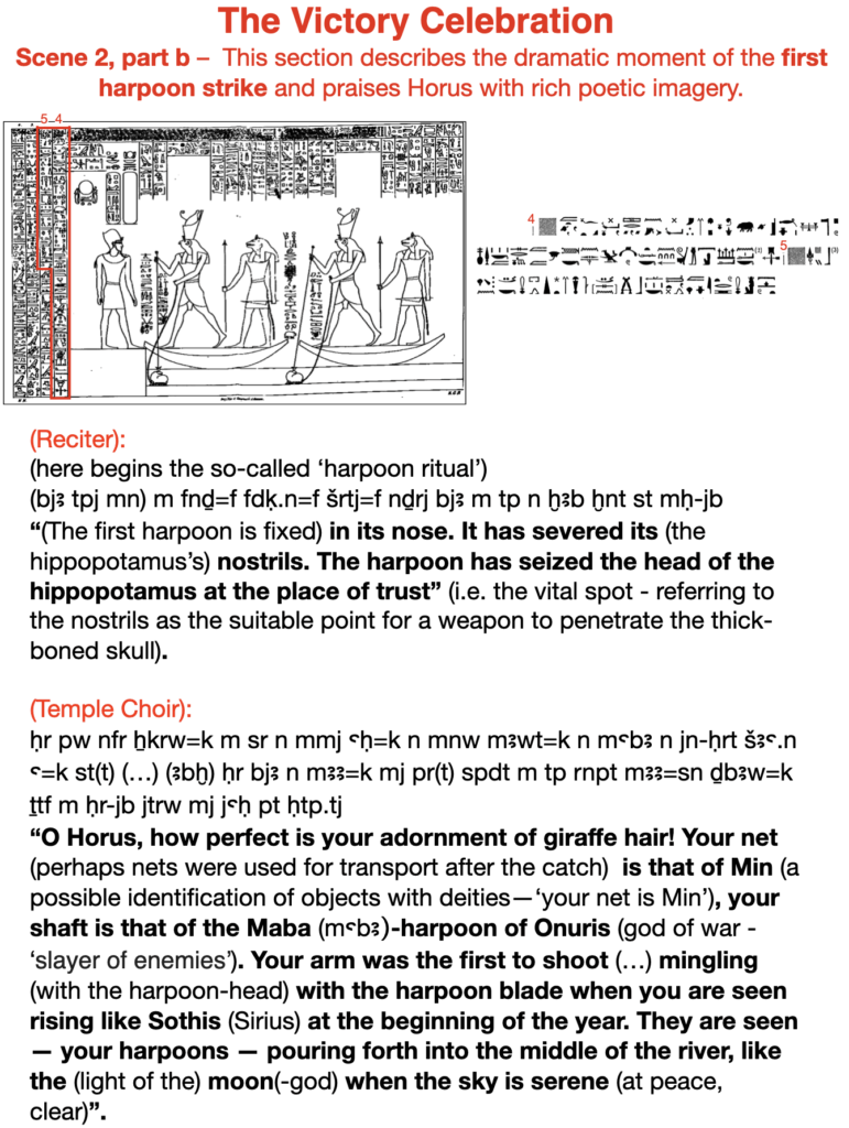 The Victory Celebration. Scene 2, part b - This section describes the dramatic moment of the first harpoon strike and praises Horus with rich poetic imagery.
