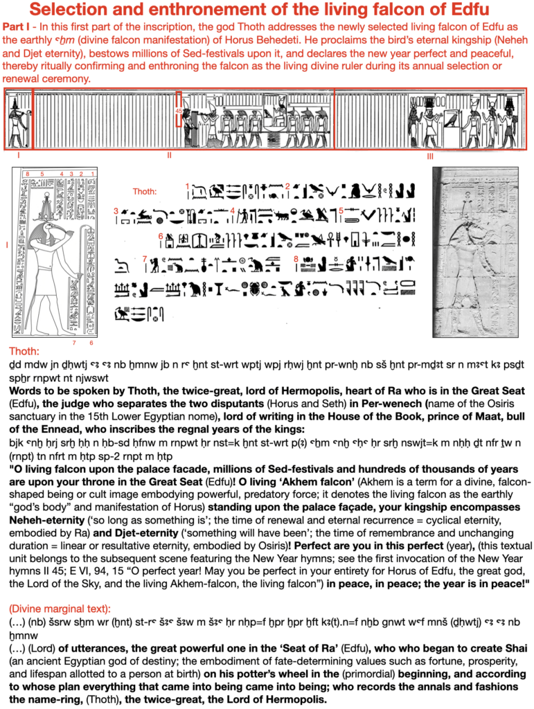 Selection and Enthronement of the Living Falcon of Edfu. Part 1 - In this first part of the inscription, the god Thoth addresses the newly selected living falcon of Edfu as the earthly divine falcon manifestation of Horus Behedeti. He proclaims the bird's eternal kingship (Neheh and Djet eternity) bestows millions of Sed-festivals upon it, and declares the new year perfect and peaceful, thereby ritually confirming and enthroning the falcon as the living divine ruler during its annual selection or renewal ceremony.