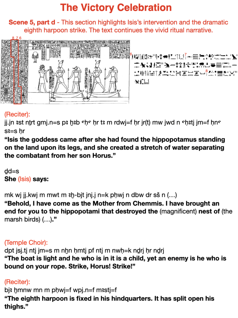 The victory celebration. Scene 5, part d - This section highlights Isis's intervention and the dramatic eight harpoon strike. The text continues the vivid ritual narrative.