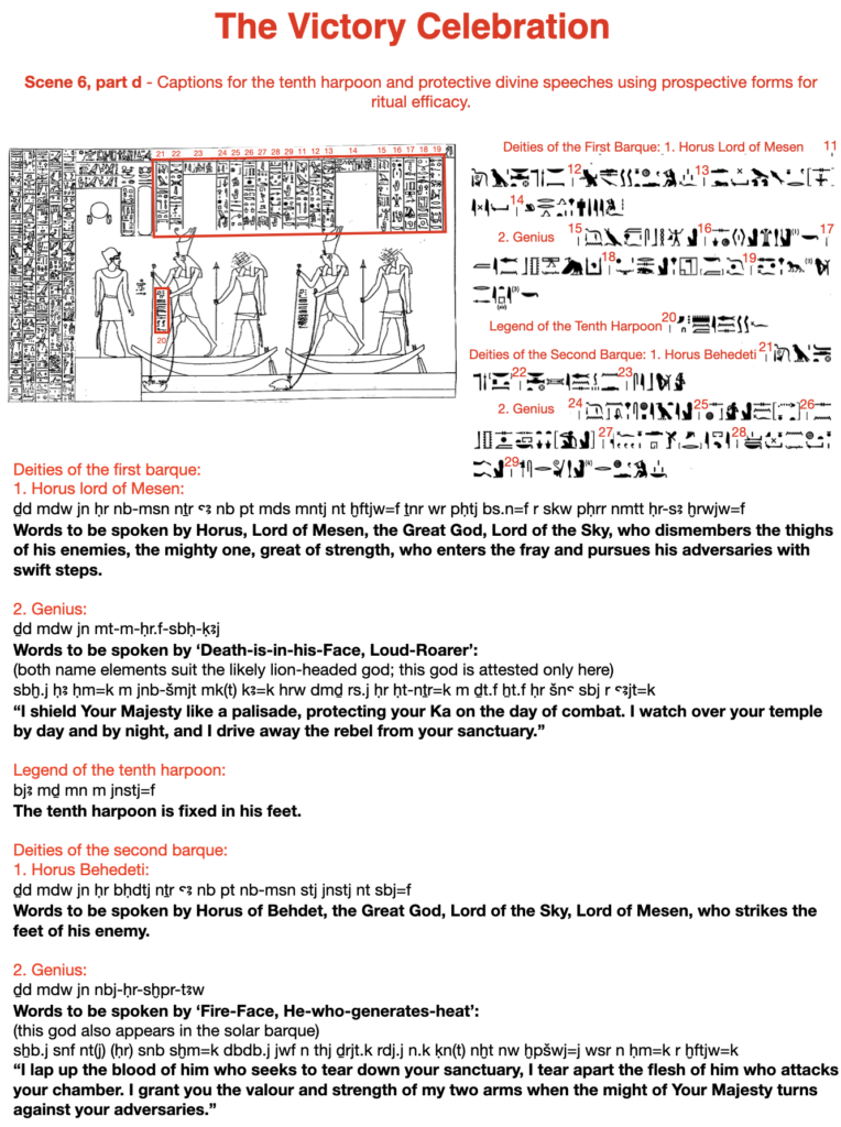 The victory celebration. Scene 6, part d - Captions for the tenth harpoon and protective divine speeches using prospective forms for ritual efficacy.