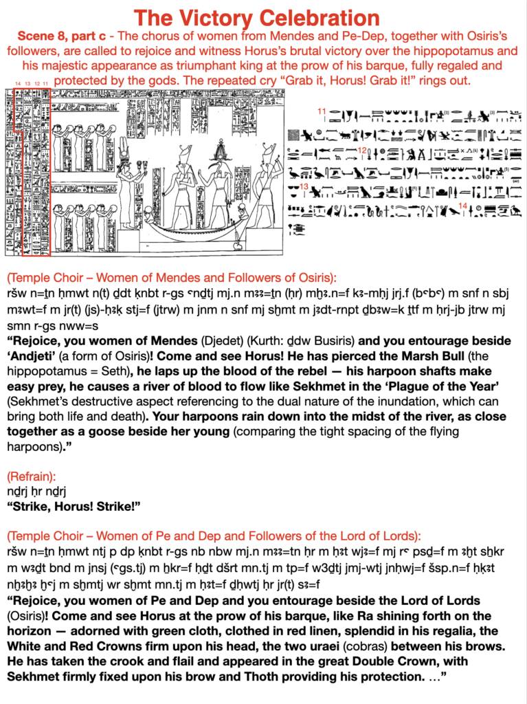 The victory celebration. Scene 8, part c - The chorus of women from Mendes and Pe-Dep, together with Osiris's followers, are called to rejoice and witness Horus's brutal victory over the hippopotamus and his majestic appearance as triumphant king at the prow of his barque, fully regaled and protected by the gods. The repeated cry "Grab it, Horus! Grab it!" rings out.