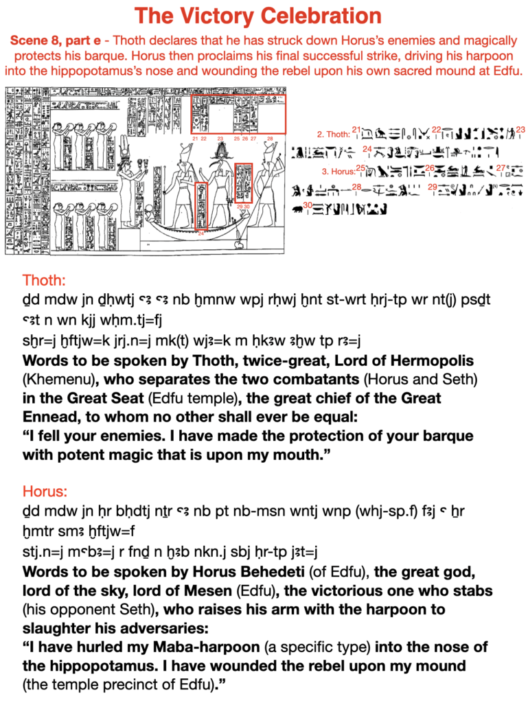 The victory celebration. Scene 8, part e - Thoth declares that he has struck down Horus's enemies and magically protects his barque. Horus then proclaims his final successful strike, driving his harpoon into the hippopotamus1s nose and wounding the rebel upon his own sacred mound at Edfu.
