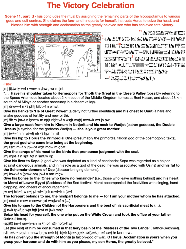 The victory celebration. Scene 11, part d - Isis concludes the ritual by assigning the remaining parts of the hippopotamus to various gods and cult centers. She claims the fore- and hindparts for herself, instructs Horus to seize the head, and blesses him with strength and acclamation as the great beloved son who has achieved total victory.