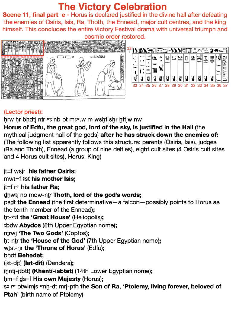 The victory celebration. Scene 11, final part e - Horus is declared justified in the divine hall after defeating the enemies of Osiris, Isis, Ra, Thoth, the Ennead, major cult centers, and the king himself. This concludes the entire Victory Festival drama with universal triumph and cosmic order restored.