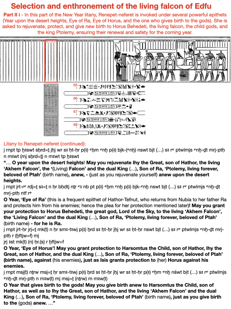 Year litany, Renepet-neferet is invoked under several powerful epithets (Year upon the desert heights, Eye of Ra, Eye of Horus, and the one who gives birth to the gods). She is asked to rejuvenate, protect, and give new birth to Horus Behedeti, the living falcon, the child gods, and the king Ptolemy, ensuring their renewal and safety for the coming year.