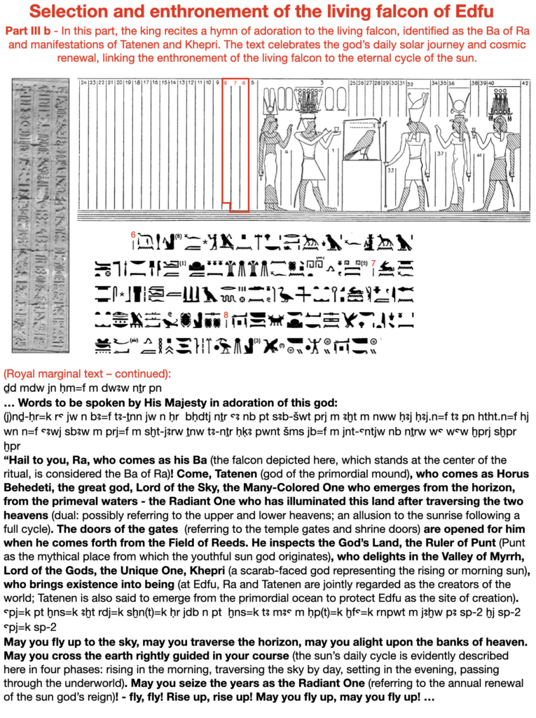 Selection and enthronement of the living falcon of Edfu.  Part III b - In this part, the king recites a hymn of adoration to the living falcon, identified as the Ba of Ra and manifestations of Tatenen and Khepri. The text celebrates the god’s daily solar journey and cosmic renewal, linking the enthronement of the living falcon to the eternal cycle of the sun.