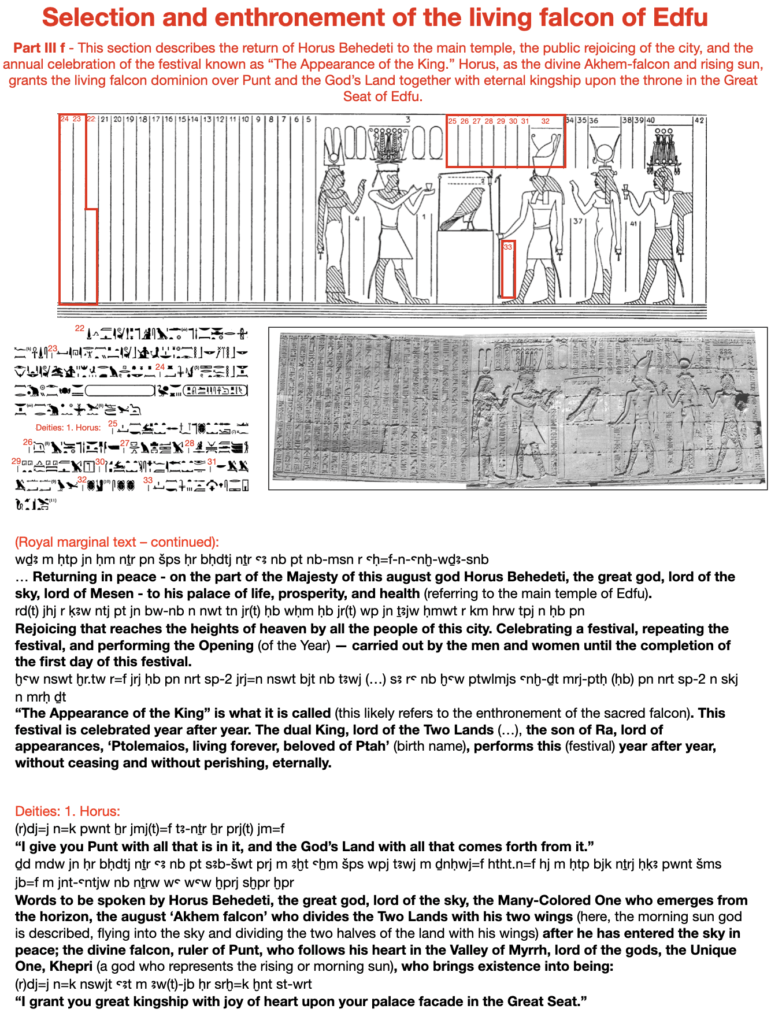 Selection and enthronement of the living falcon of Edfu.  Part III f - This section describes the return of Horus Behedeti to the main temple, the public rejoicing of the city, and the annual celebration of the festival known as “The Appearance of the King.” Horus, as the divine Akhem-falcon and rising sun, grants the living falcon dominion over Punt and the God’s Land together with eternal kingship upon the throne in the Great Seat of Edfu.