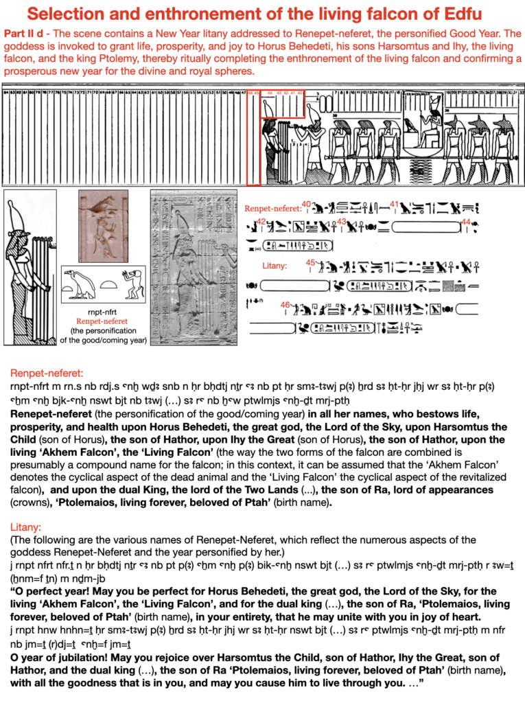 Selection and enthronement of the living falcon of Edfu. Part II d - The scene contains a New Year litany addressed to Renepet-neferet, the personified Good Year. The goddess is invoked to grant life, prosperity, and joy to Horus Behedeti, his sons Harsomtus and Ihy, the living falcon, and the king Ptolemy, thereby ritually completing the enthronement of the living falcon and confirming a prosperous new year for the divine and royal spheres.