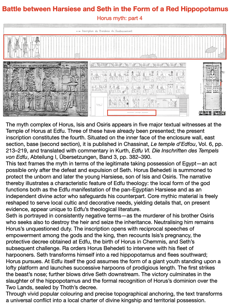 The myth complex of Horus, Isis, and Osiris appears in five major textual witnesses at the Temple of Horus at Edfu. Three of these have already been presented; the present inscription constitutes the fourth. Situated on the inner face of the enclosure wall, east section, base (second section), it is published in Chassinat, Le temple d’Edfou, Vol. 6, pp. 213–219, and translated with commentary in Kurth, Edfu VI. Die Inschriften des Tempels von Edfu, Abteilung I, Übersetzungen, Band 3, pp. 382–390.
This text frames the myth in terms of the legitimate taking possession of Egypt—an act possible only after the defeat and expulsion of Seth. Horus Behedeti is summoned to protect the unborn and later the young Harsiese, son of Isis and Osiris. The narrative thereby illustrates a characteristic feature of Edfu theology: the local form of the god functions both as the Edfu manifestation of the pan-Egyptian Harsiese and as an independent divine actor who safeguards his counterpart. Core mythic material is freely reshaped to serve local cultic and decorative needs, yielding details that, on present evidence, appear unique to Edfu’s theological literature.
Seth is portrayed in consistently negative terms—as the murderer of his brother Osiris who also seeks to destroy the heir and seize the inheritance. Neutralising him remains Horus’s unquestioned duty. The inscription opens with reciprocal speeches of empowerment among the gods and the king, then recounts Isis’s pregnancy, the protective decree obtained at Edfu, the birth of Horus in Chemmis, and Seth’s subsequent challenge. Ra orders Horus Behedeti to intervene with his fleet of harpooners. Seth transforms himself into a red hippopotamus and flees southward; Horus pursues. At Edfu itself, the god assumes the form of a giant youth standing upon a lofty platform and launches successive harpoons of prodigious length. The first strikes the beast’s nose; further blows drive Seth downstream. The victory culminates in the slaughter of the hippopotamus and the formal recognition of Horus’s dominion over the Two Lands, sealed by Thoth’s decree.
Through vivid popular coloring and precise topographical anchoring, the text transforms a universal conflict into a local charter of divine kingship and territorial possession.
