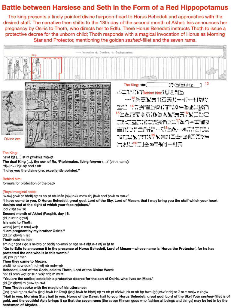 The king presents a finely pointed divine harpoon-head to Horus Behedeti and approaches with the desired staff. The narrative then shifts to the 18th day of the second month of Akhet: Isis announces her pregnancy by Osiris to Thoth, who directs her to Edfu. There Horus Behedeti instructs Thoth to issue a protective decree for the unborn child; Thoth responds with a magical invocation of Horus as Morning Star and Protector, mentioning the golden seshed-fillet and the seven rams.