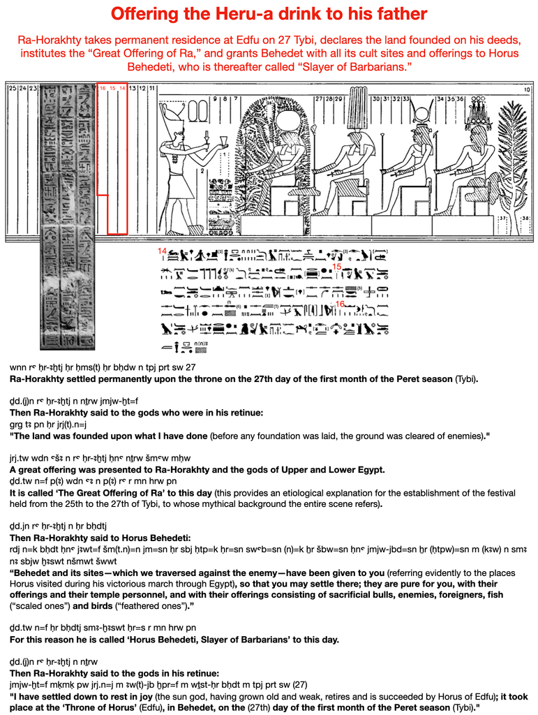 Ra-Horakhty takes permanent residence at Edfu on 27 Tybi, declares the land founded on his deeds, institutes the “Great Offering of Ra,” and grants Behedet with all its cult sites and offerings to Horus Behedeti, who is thereafter called “Slayer of Barbarians.”