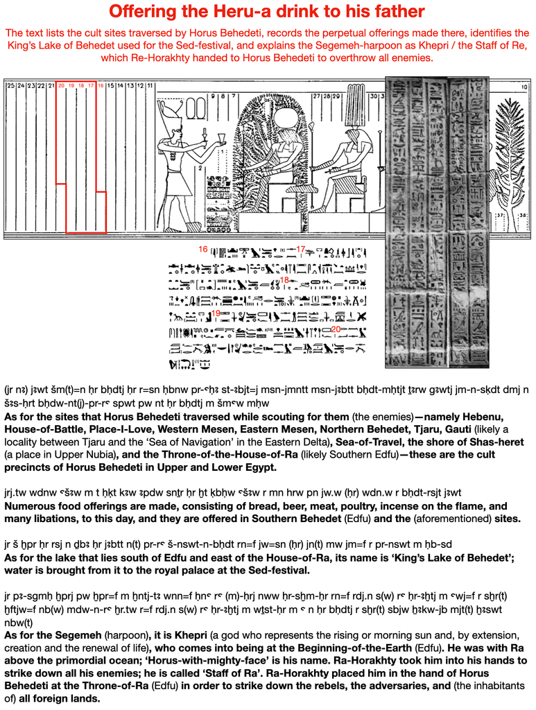 The text lists the cult sites traversed by Horus Behedeti, records the perpetual offerings made there, identifies the King’s Lake of Behedet used for the Sed-festival, and explains the Segemeh-harpoon as Khepri / the Staff of Re, which Re-Horakhty handed to Horus Behedeti to overthrow all enemies.